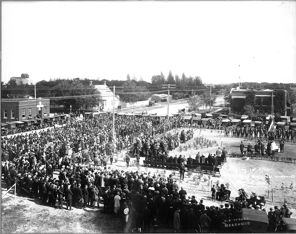 About three thousand people, including two Victoria Cross winners, attended the unveiling of the Moosomin Cenotaph on August 31, 1924.