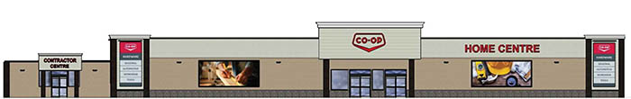 The front elevation of the new Borderland Co-op Home Centre planned for Moosomin. Construction on the $6 million project is expected to start this spring or summer and will take about a year. Construction of the new home centre will require the closure of one block of Carleton Street. To provide a sense of scale, the front of the building, shown here, will be 190 feet wide.
