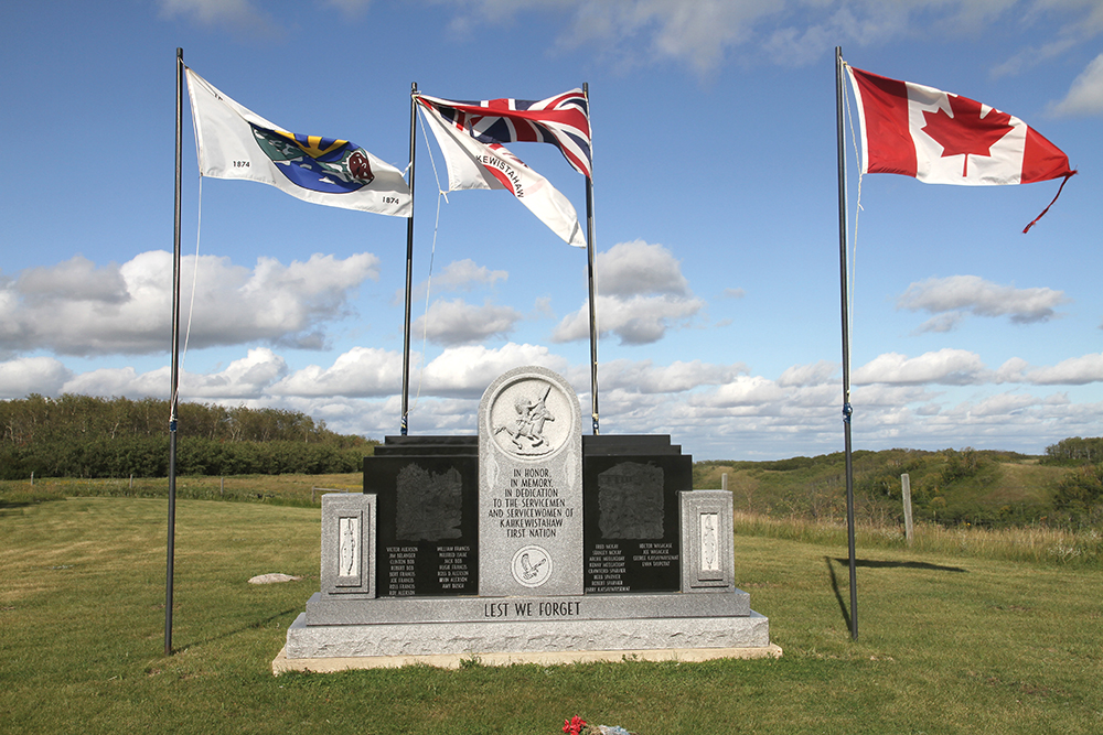 The war memorial at Kahkewistahaw. The community has a strong military tradition. Chief Taypotat served with the Canadian military, serving with Princess Patricias Canadian Light Infantry in Afghanistan. He left the military to come home to serve as school principal before being elected chief.