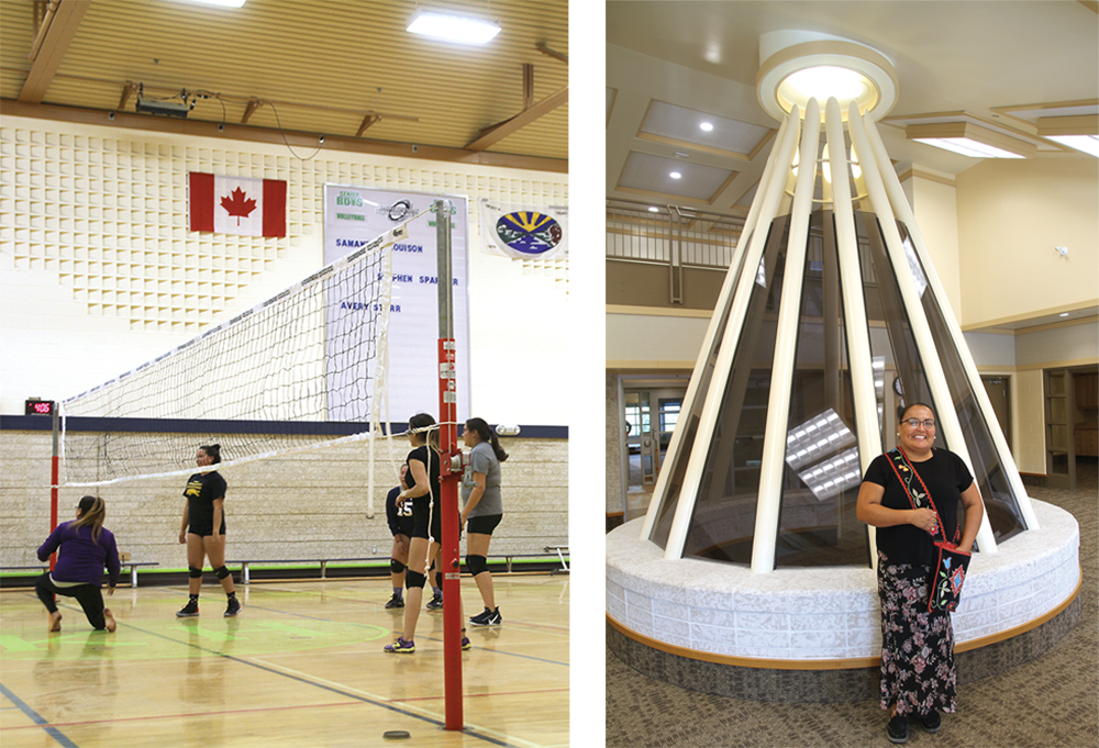 Kahkewistahaw youth practising volleyball in the school gym, and Principal Faith McNab in the new high school addition to Kahkewistahaw School. The First Nation plans to break ground on a new Governance Centre in the spring.