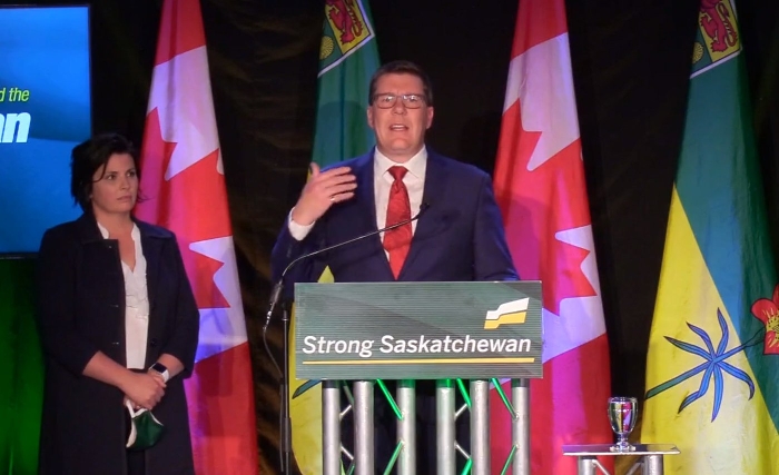 Saskatchewan Party Leader and Premier-elect Scott Moe spoke to a largely empty room, despite a massive win.
