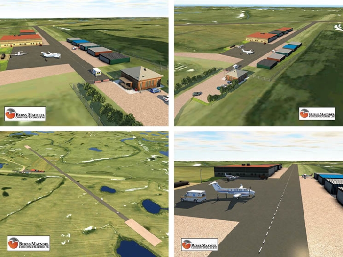These renderings by Burns Maendel Consulting Engineers show the proposed expansion of Moosomins airport. The new runway would run northwest-southeast in line with the prevailing winds. A new access road, taxiway, and apron would be built on the road allowance that the current runway is built on.