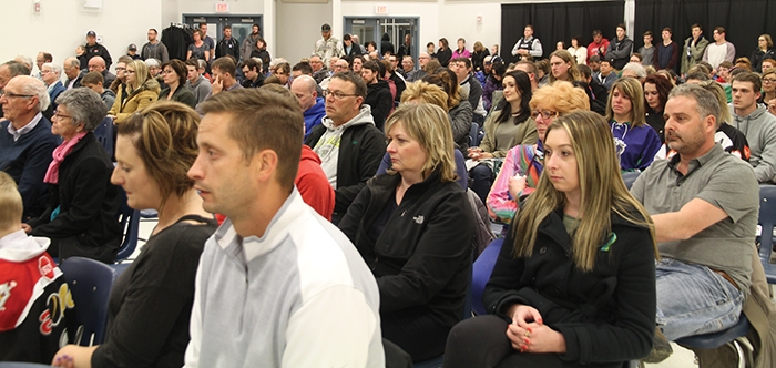 Hundreds of people came out for a vigil for the Humboldt Broncos, held Sunday, April 8 in Moosomin at the MCC Centre. There were candles, prayers and poems to show support and pay respects to the lost or injured players, their families, and the community of Humboldt.