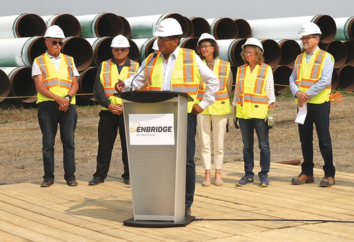 Chief Evan Taypotat of the Kahkewistahaw First Nation speaks to media at the kickoff to construction of the Enbridge Line 3 Replacement project in Saskatchewan for 2018 recently. With a recent dispute with Saudi Arabia, which supplies 10 per cent of Canadian oil imports, talk of another pipeline, Energy East, is being revived.