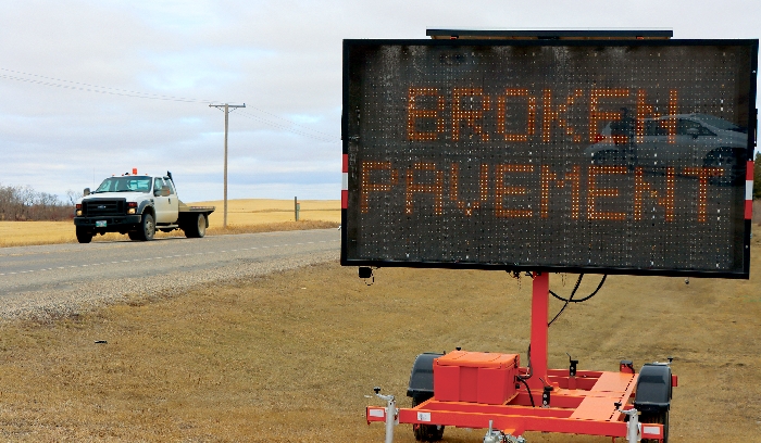 The Department of Highways placed signs on Highway 8 between Rocanville and Moosomin warning of rough road conditions. Temporary repairs are under way and more permanent repairs will be done when conditions allow.