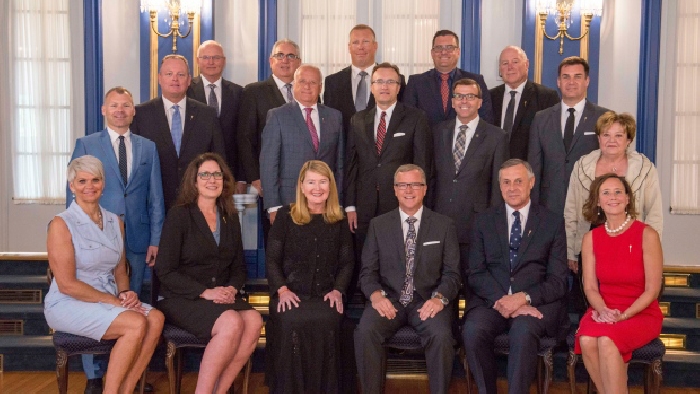Moosomin MLA Steven Bonk is standing at right in this photo of the new Saskatchewan cabinet taken Wednesday morning at Government House