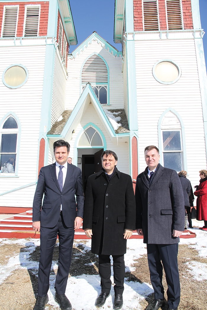 Ambassador Blint dor, Hungarian Secretary of State Csaba Latorcai, and Moosomin MLA Steven Bonk at Bekevar Church March 10.