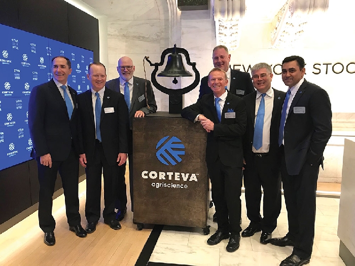 Corteva, a new company with $14 billion in sales, was spun off from Dow Agrosciences and listed on the New York Stock Exchange on June 1. Corteva executives at the stock exchange for the event included, from left, Greg Friedman, EVP, CFO, Judd OConnor, President US, Bryce Eger, President, Corteva Canada (originally from Moosomin), Tim Glenn, EVP, Chief Commercial Officer (back), Peter Ford, President, Asia-Pacific (front), Alejandro Munoz, President, Latin America Prabdeep Bajwa, President, Africa/Middle East.