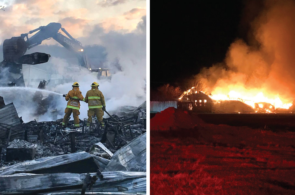 The Rocanville Fire Department battling the blaze at the Valley View Hotel, left, and a photo of the business engulfed in flames, right.