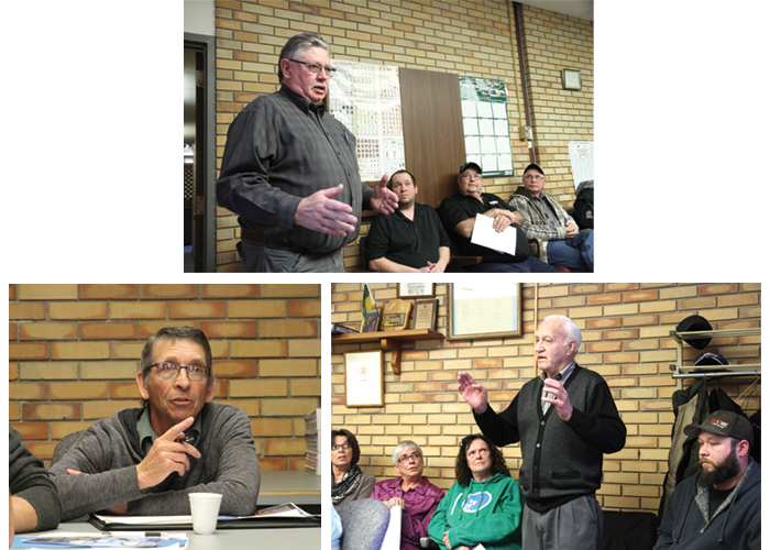 Cannington MLA Dan DAutremont, left, Wawota Mayor Neil Birnie, centre, and Wawota retiree Tom Weatherald, right, make points during a meeting with RBC officials over the planned closure of the RBC branch in Wawota.