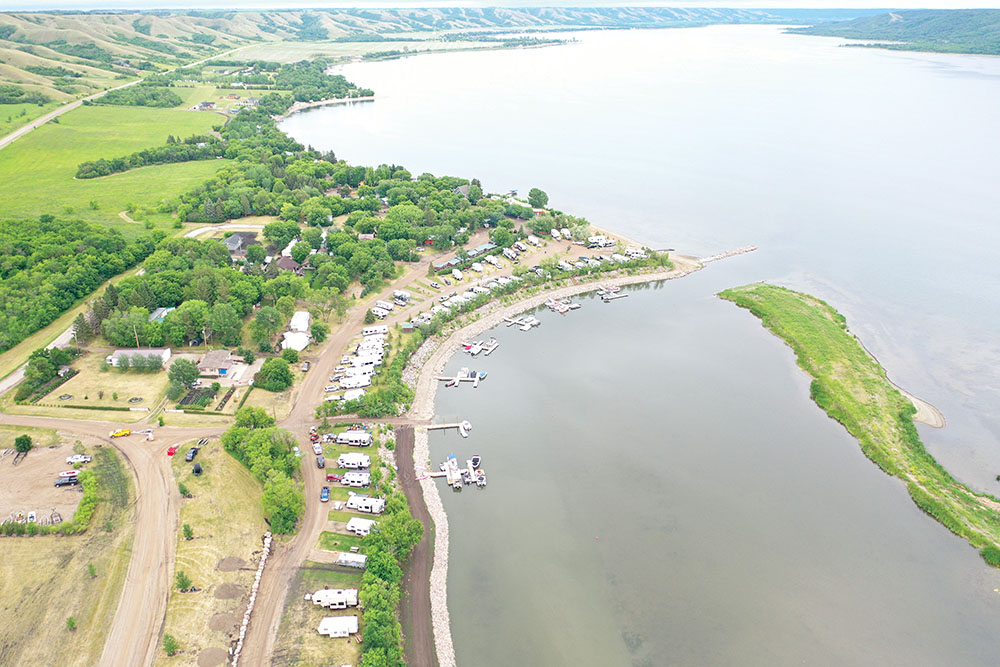 An aerial view of the marina leading to the lake.