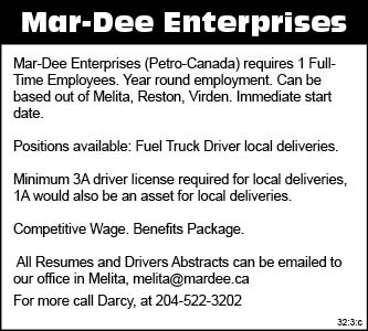 Mar-Dee Enterprises - Melita, Reston, Virden - Fuel Truck Driver local deliveries 