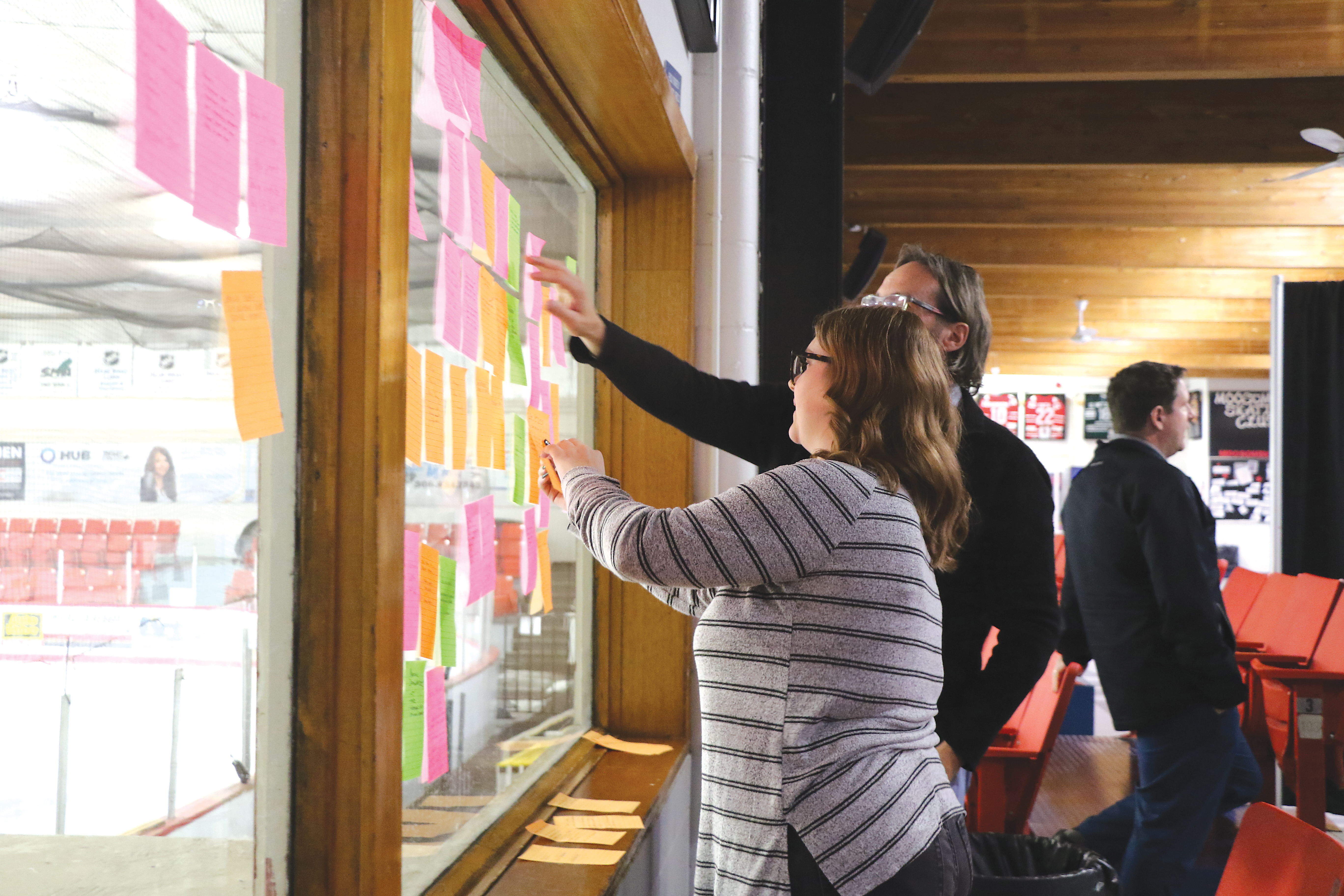 Moosomin’s economic round table on Thursday. Community members were asked to choose development goals and targets, stick them on the rink windows, and then vote on them to see which rose to the top of the priority list. Information from that session will be incorporated into a long-term growth plan for the region.