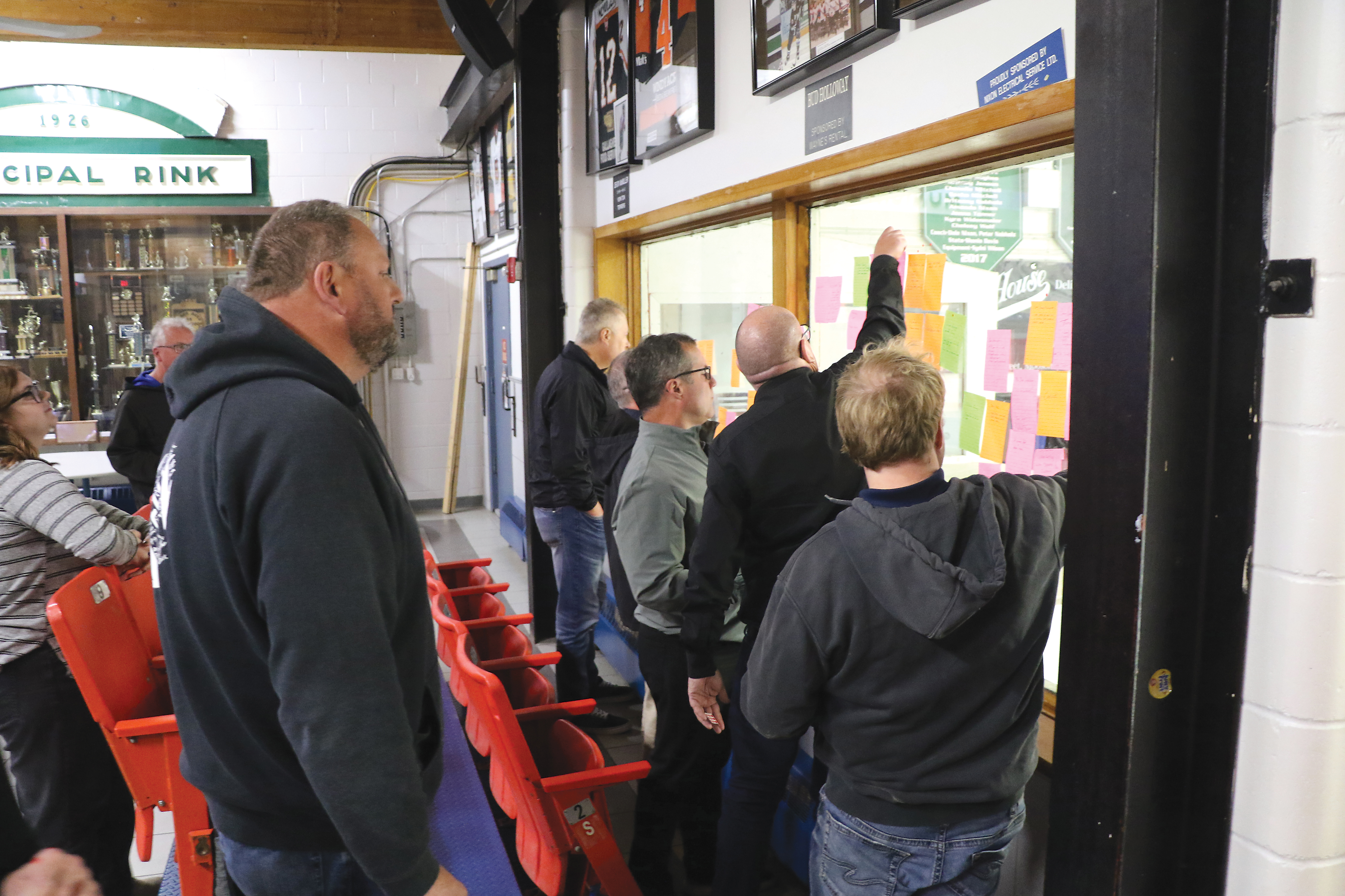 Moosomin’s economic round table on Thursday. Community members were asked to choose development goals and targets, stick them on the rink windows, and then vote on them to see which rose to the top of the priority list. Information from that session will be incorporated into a long-term growth plan for the region.