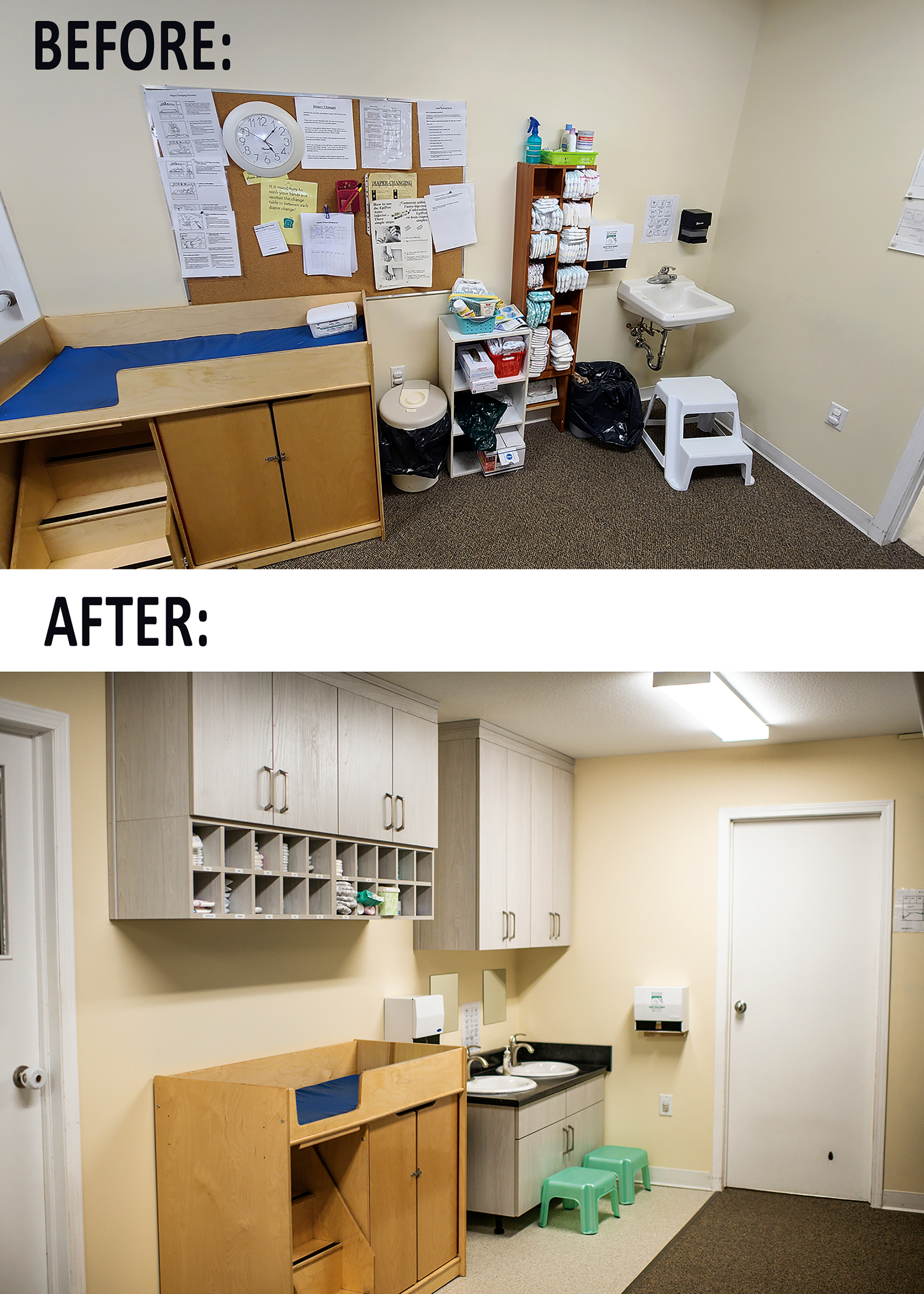 Renovations at Play Fair Daycare have been completed. The renovations include a new changing station, handwashing station, kitchen, and additional storage space.