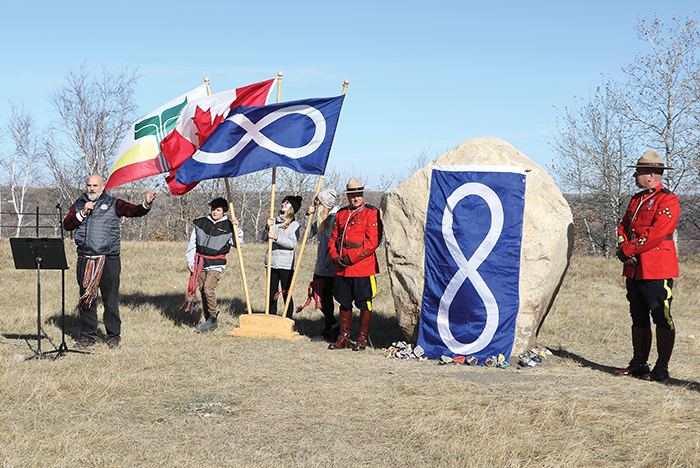 Minister of Housing and Property Management of MMF Southwest Region Will Goodon said a few words at the unveiling of the monument at the Fort Ellice site.Missing: Vice-President Leah LaPlante and Minister of Mtis Employment and Training of MMF Southwest Region.