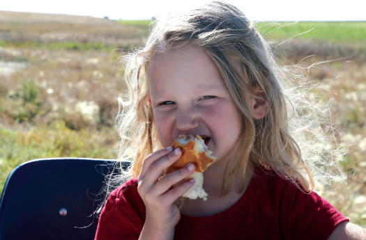 The Harvest of Hope crop north of Moosomin was harvested on Monday. There were 14,500 bushels of wheat taken off using volunteer labour and donated combines. This is the 14th year of the Harvest of Hope, which has raised over $700,000 to date for the Canadian Foodgrains Bank to feed hungry people around the world. Conexus Credit Union served lunch in the field on Monday to help feed the volunteers who came out to harvest. Above left: Conexus serving the lunch. Above right: Liesl Paulsen enjoying a bun.
