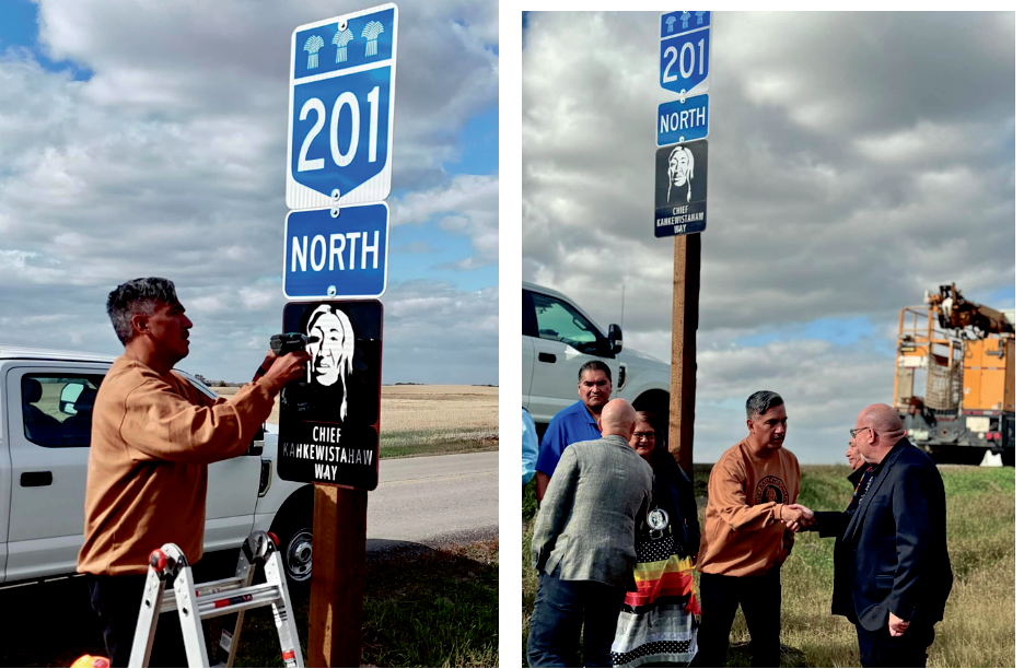 Left: Chief Evan Taypotat putting up the sign to rename Highway 201 Chief Kahkewistahaw Way. At right: Moosomin-Montmartre MLA Kevin Weedmark shakes Chief Taypotats hand during the event held for the renaming.