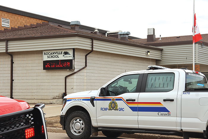 A police unit parked outside Rocanville school during the lock down drill.<br />
