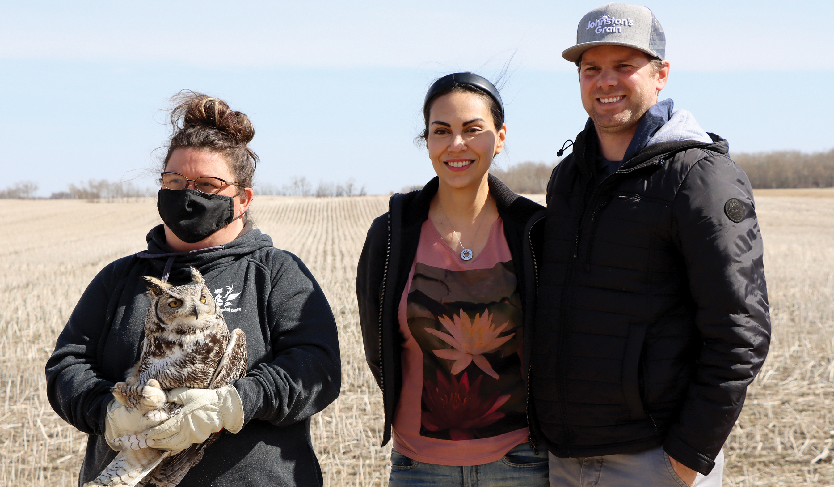 Beauty, the Great Horned Owl, was returned to her territory on Thursday by Silverwood Wildlife Rehabilitation after being treated for injuries.Tricia Mogstad of Silverwood Wildlife Rehabilitation, holding Beauty, along with Zaria Espinosa Alfaro and Joel Merkosky, the couple who found the owl at the side of the road when she was injured and called Silverwood Wildlife Rehabilitation to rescue her.
