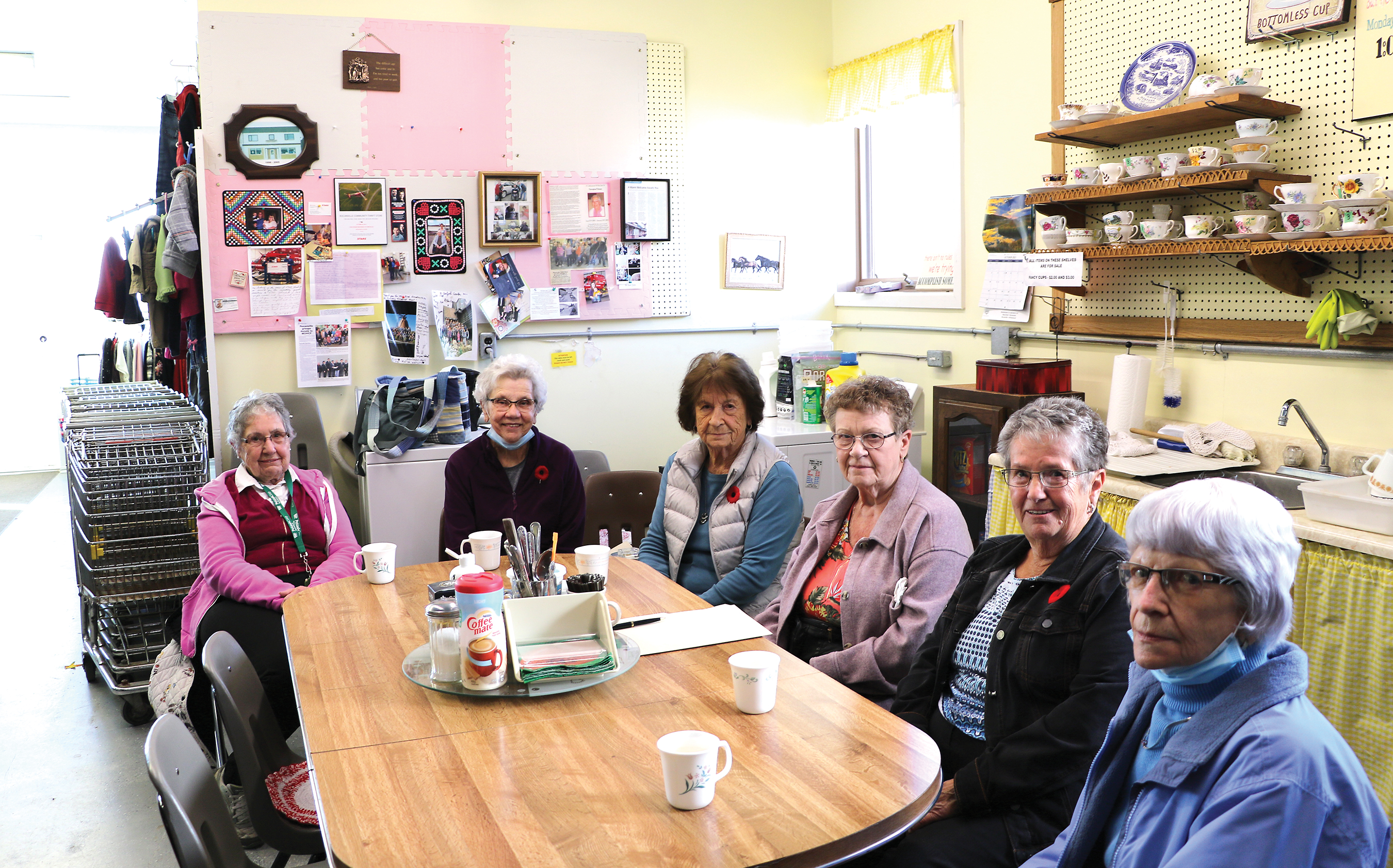 Volunteers at Rocanvilles Thrift Store sit down for a cup of coffee at the Rocanville and Community Thrift Store. 