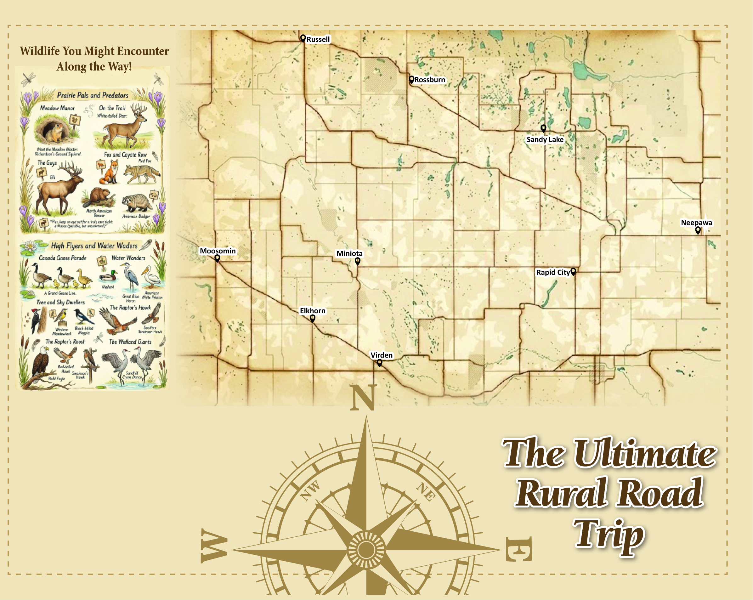 The layout of the Ultimate Rural Road Trip map across Southwest Manitoba and in Moosomin.<br />
The Rural Road Trip begins Monday, June 22 at all participating businesses.<br />
The passport will be for shoppers to collect stamps over the course of the summer and into early September.