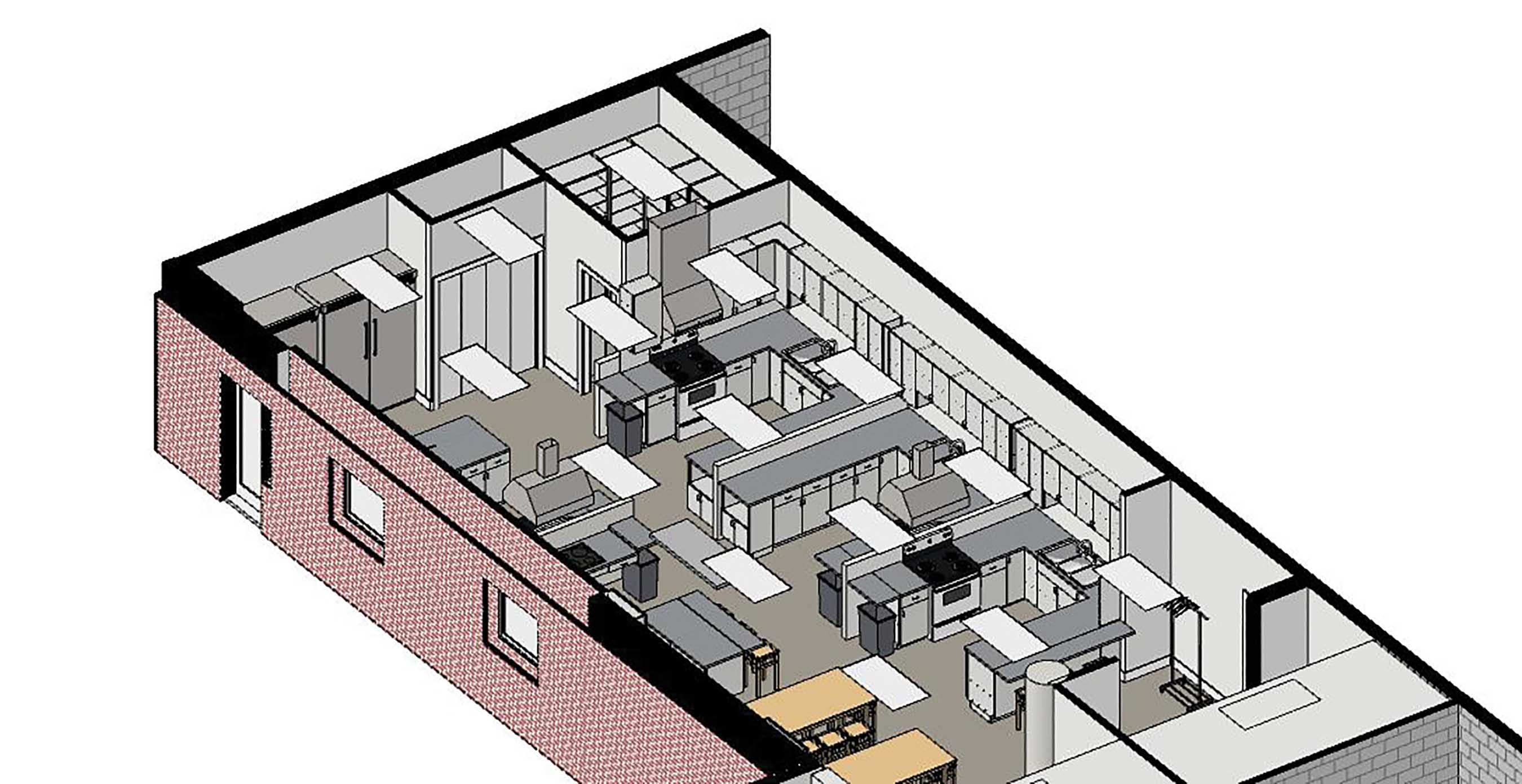 The plan for the new home ec/commercial cooking space in the current library.