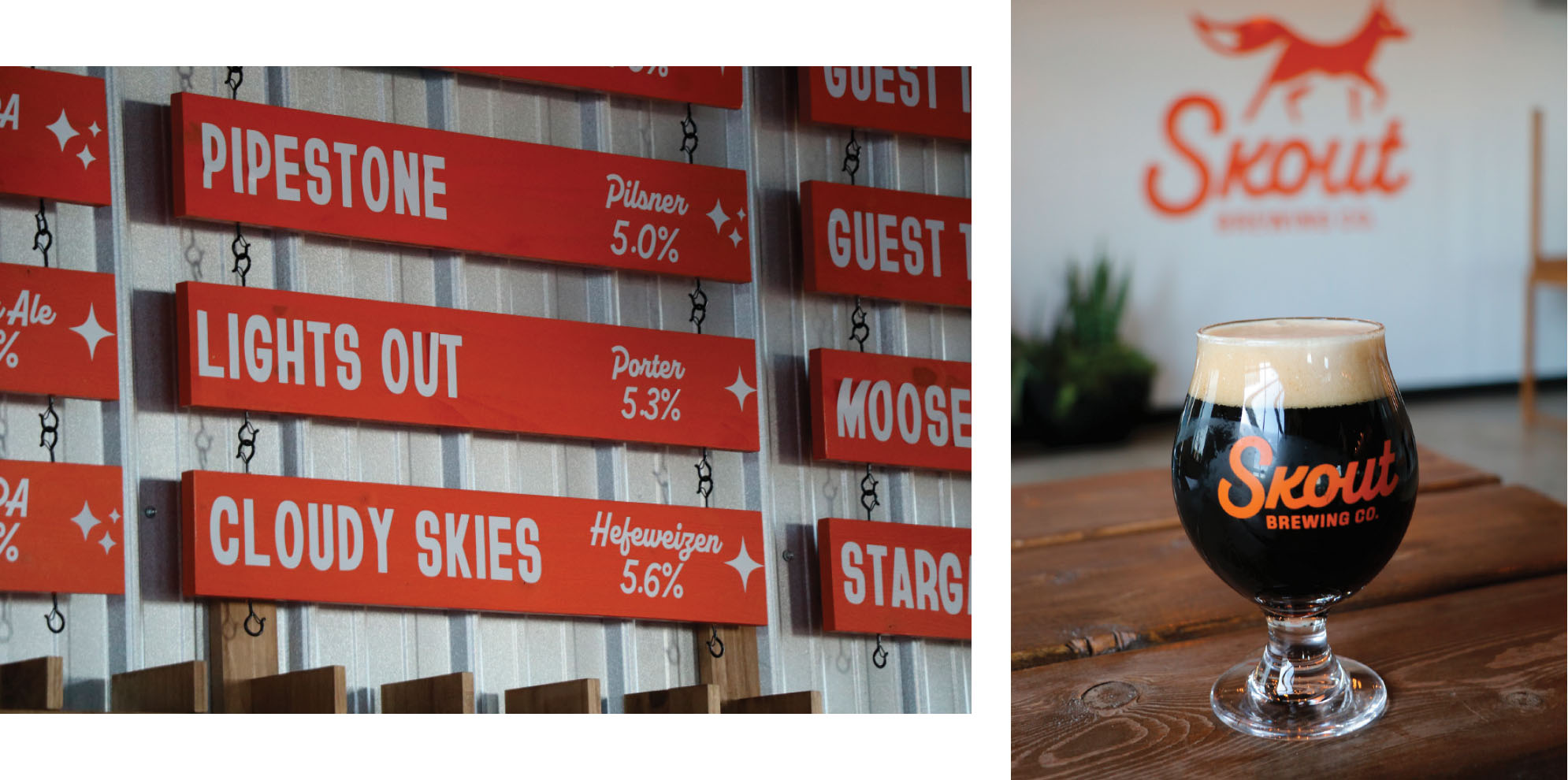 The sign for their porter at Skout Brewing on the left, and a glass of their porter, right.