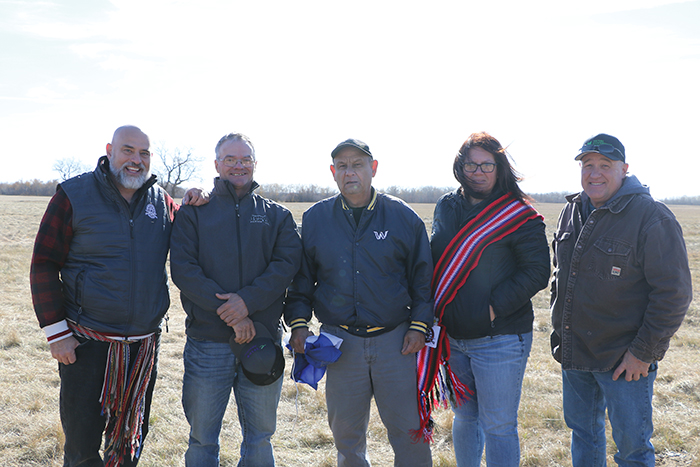 Will Goodon of MMF Southwest Region, Reeve Barry Lowes of RM of Ellice-Archie, President of MMF Fort Ellice Terry Haney, Melinda Haney of MMF and Tim Gompf of Nature Conservancy Canada. Missing: Renee Dupont, vice-chair of MMF Fort Ellice.