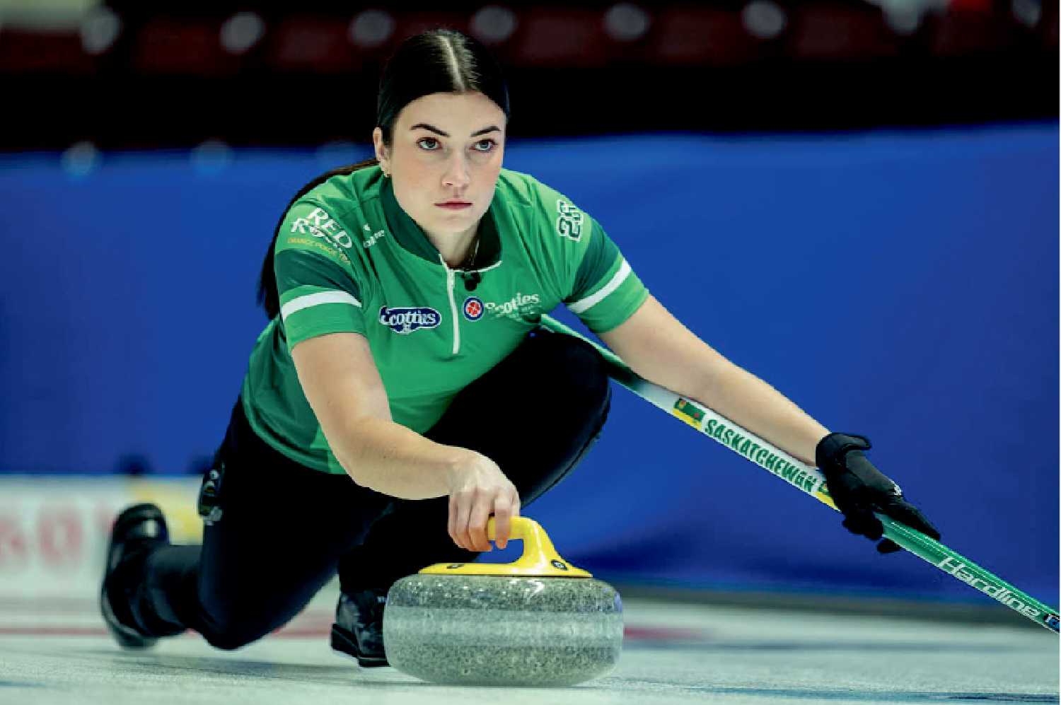 Rachel Big Eagle of Maryfield curling at the Scotties.