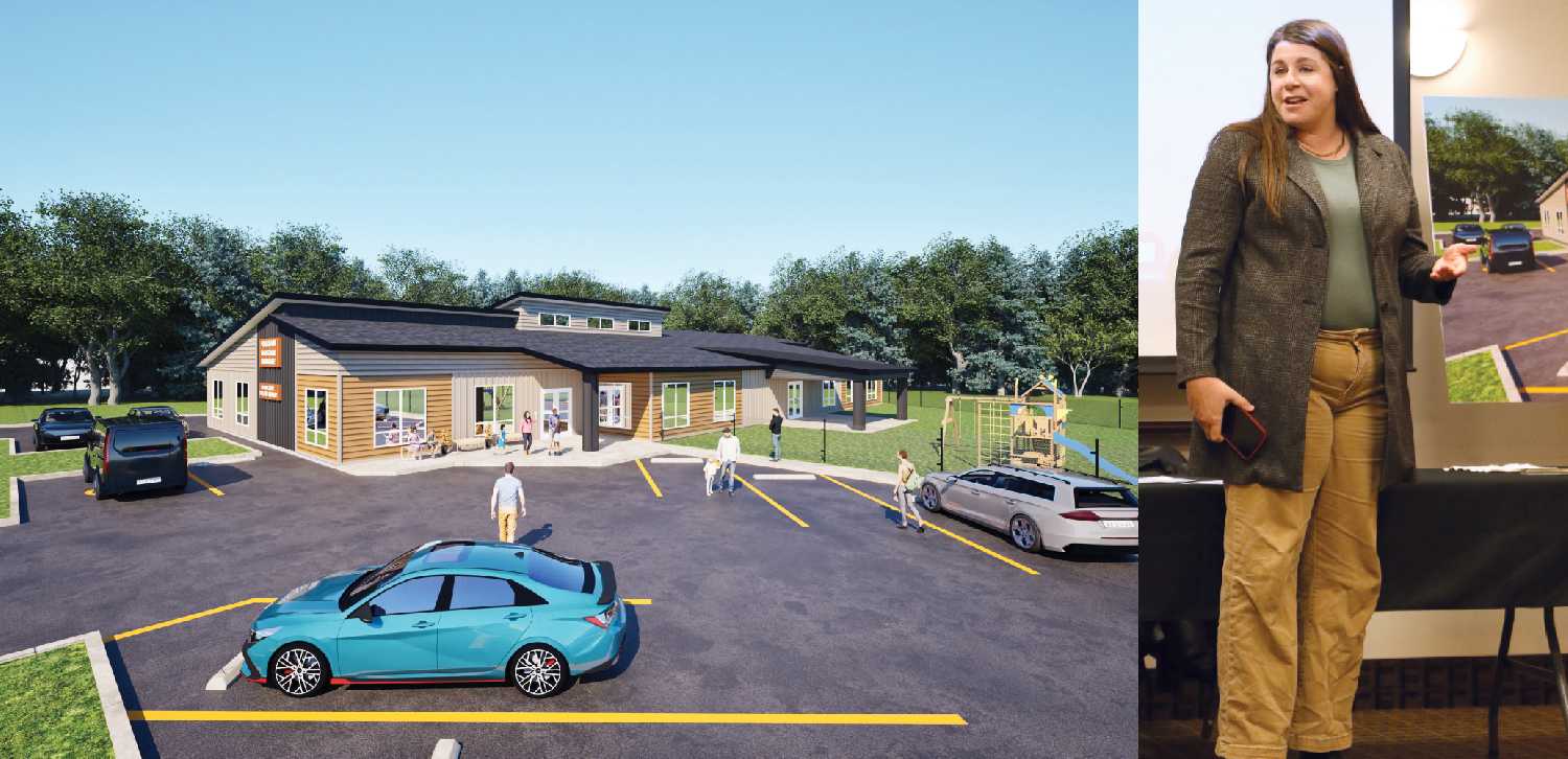 Left: A rendering of the new daycare building. Right: Jill Jones giving a presentation to Chamber members on the new daycare.