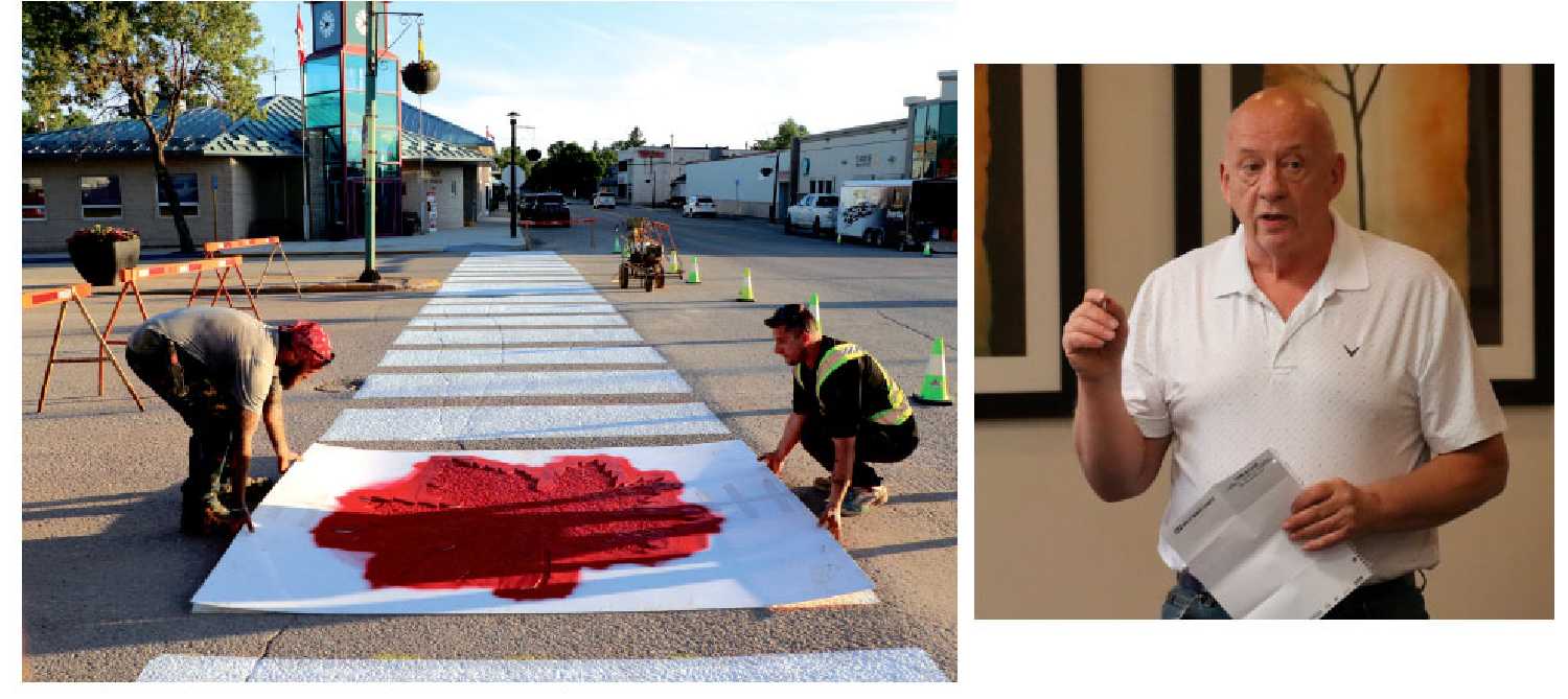 Left:The Legion crosswalk being painted last Thursday. A ribbon cutting will be held on Canada Day for the new crosswalk. Right: Brian Beckett shares the plans for the 100th anniversary of Moosomin Legion at Chamber meeting.
