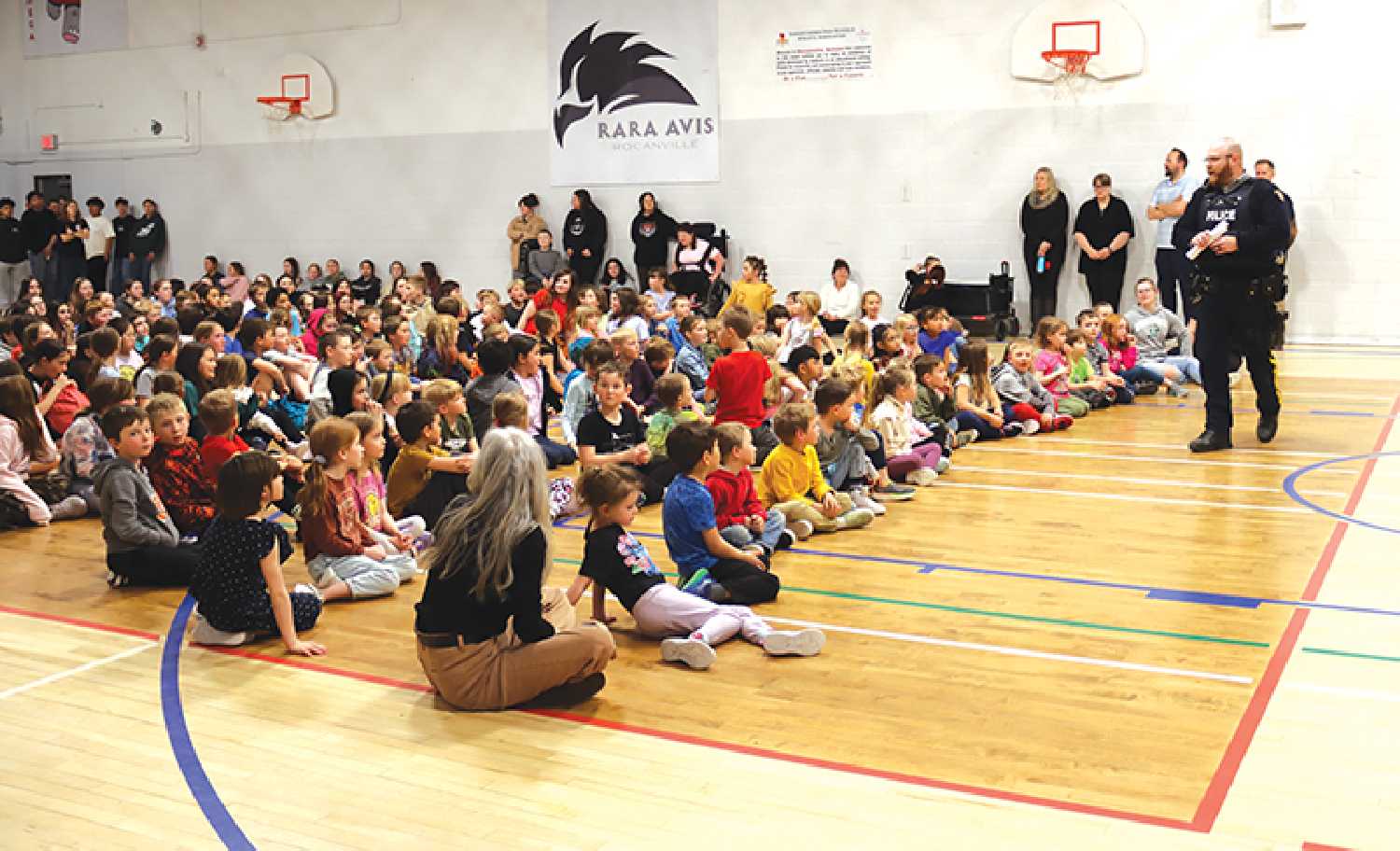 Sgt. Damien Grouchy speaking to Rocanville students and staff after the lockdown drill last Tuesday. 