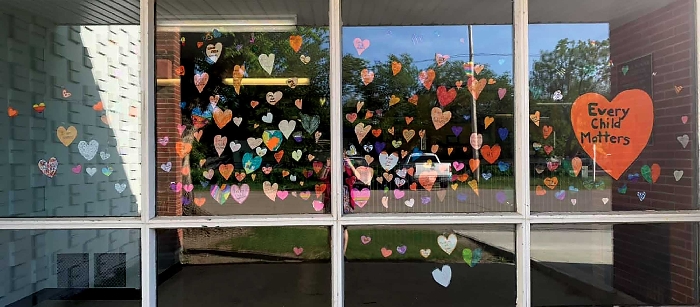 <b>Every child matters:</b> Wapella School students made 215 hearts for the 215 children found outside the residential school at Kamloops plus one large heart for all the others who never made it home from residential schools across Canada.