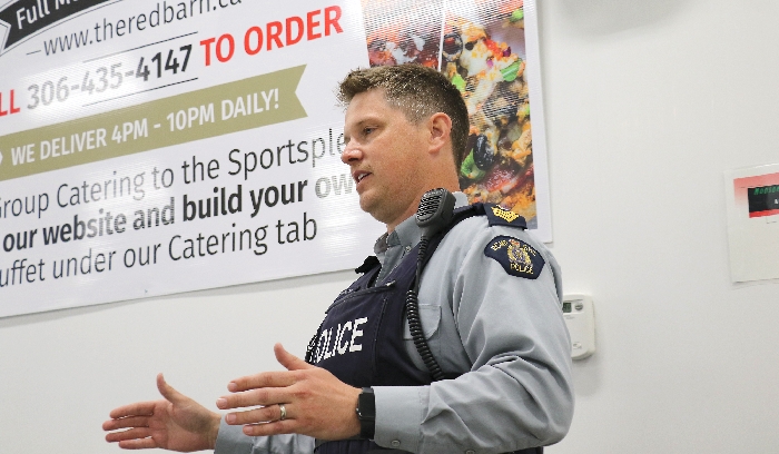 Sgt Dallyn Holmstrom of the Moosomin RCMP encouraged members of the Moosomin Chamber of Commerce to be careful with large gift card purchases and purchases with U.S. cash.