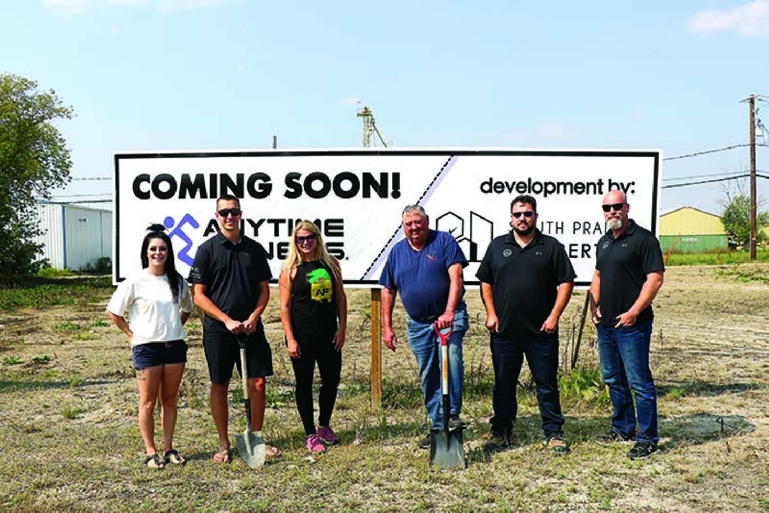 A groundbreaking was held August 28 for the Anytime Fitness location in Moosomin. From left are, Carmen and Jay Hamilton of South Prairie Design, Anytime Fitness Owner Jolene de Vries, Mayor Larry Tomlinson, along with Senior Project Manager Doug Morrow and General  Manager Scott Bromley of Keller Developments.