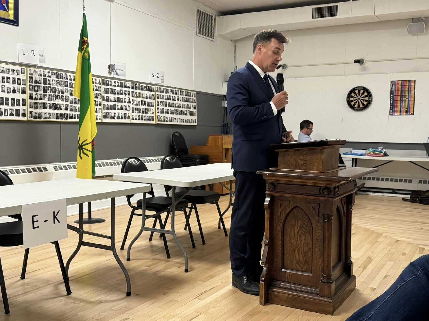 Steven Bonk speaks at the Moosomin Legion Friday before Conservative Party members started voting for the Conservative candidate in the next federal election. Bonk was selected.