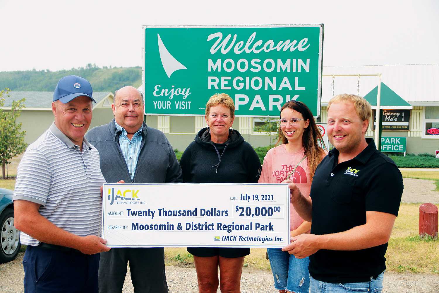 Dan and Olga McCarthy of IJACK Technologies donated $20,000 to Moosomin Regional Park recently to help cover the cost of electrical upgrades at the park to accommodate larger RVs. From left are Regional Park Manager Wayne Beckett, Park Board Chair Chris Davidson, Park Board member Karen Hebert, and Olga and Dan McCarthy.