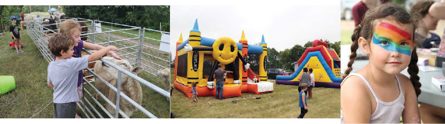 Some moments from Doodle Bug Days 2024 in Wapella, including the petting zoo, parade, bouncers and face painting.