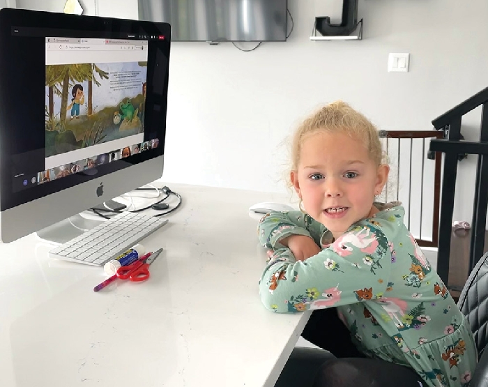 Penny Jeannot of Moosomin during online story time with Mrs. McMullen, and Mrs. Fisher. Penny is one of hundreds of students who are participating in online learning this week.