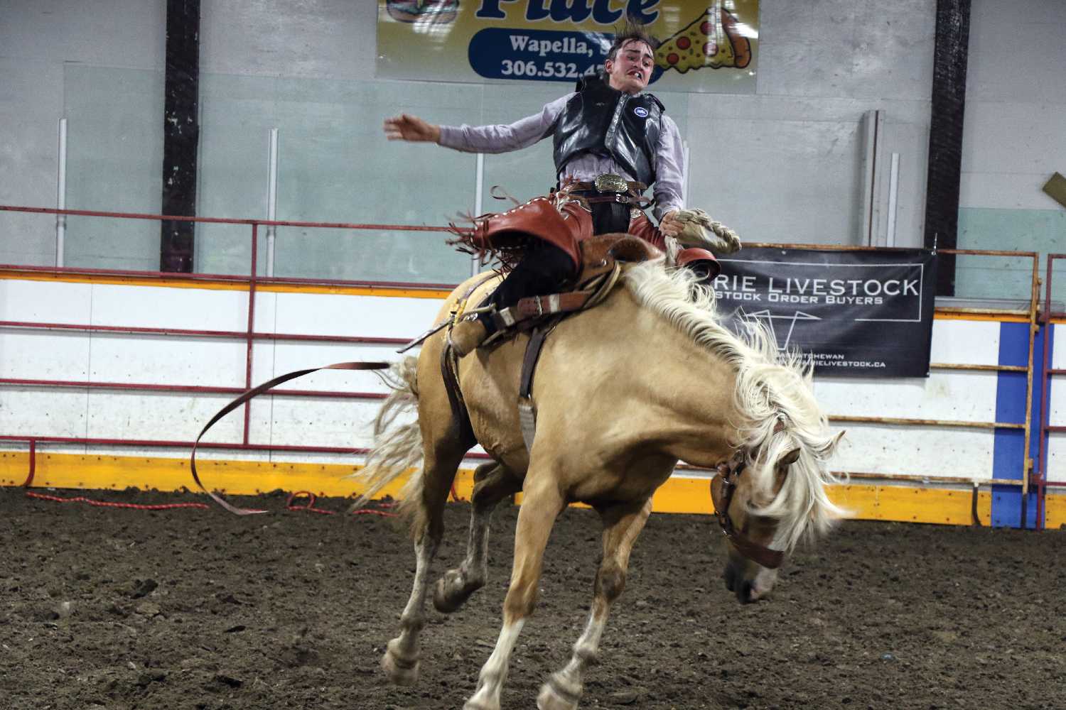 A bronc rider at last year’s Wapella Dodge City Days Rodeo.
