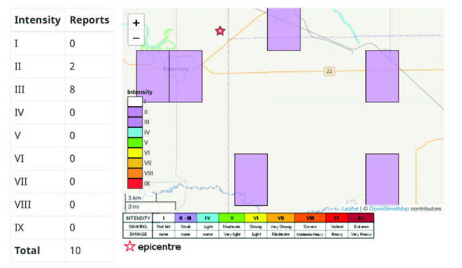 A map of where reports of people experiencing the Aug. 1 earthquake originated. The epicentre of the quake is believed to be located between Esterhazy and Yarbo, with residents in Gerald, and Tantallon also feeling the earth move.