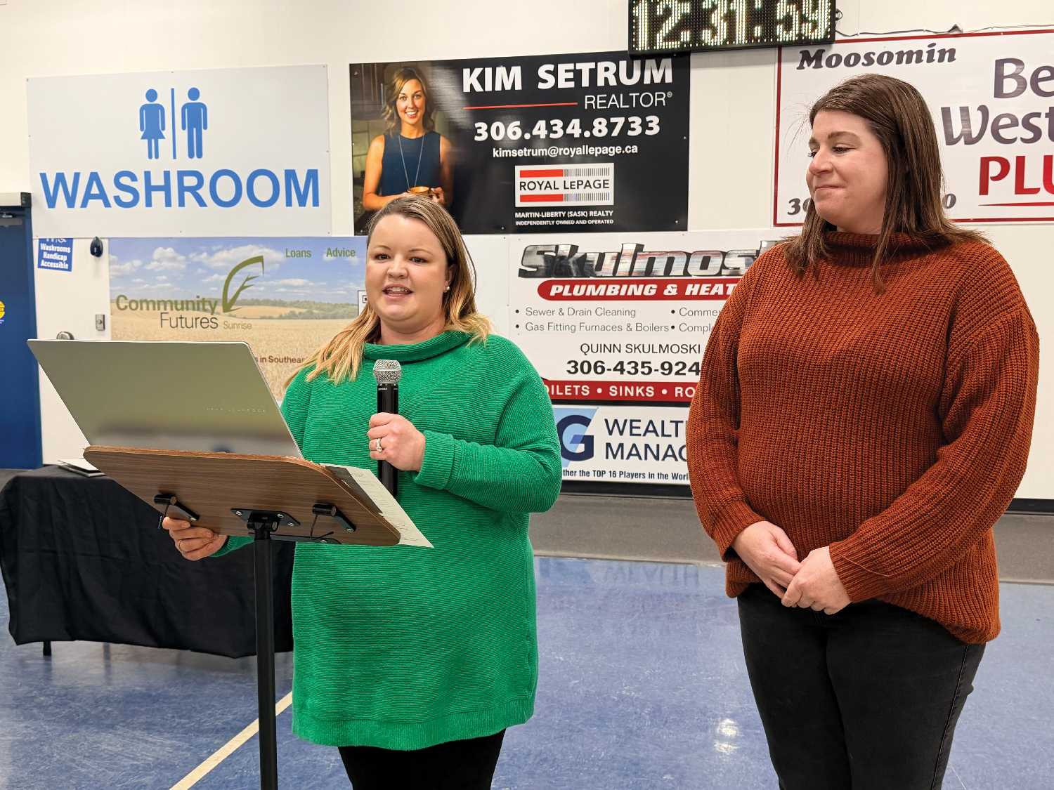 Danielle Rhodes and Jill Jones with Play Fair Daycare give an update on fundraising goals and construction progress at the Moosomin Chamber of Commerce meeting. 