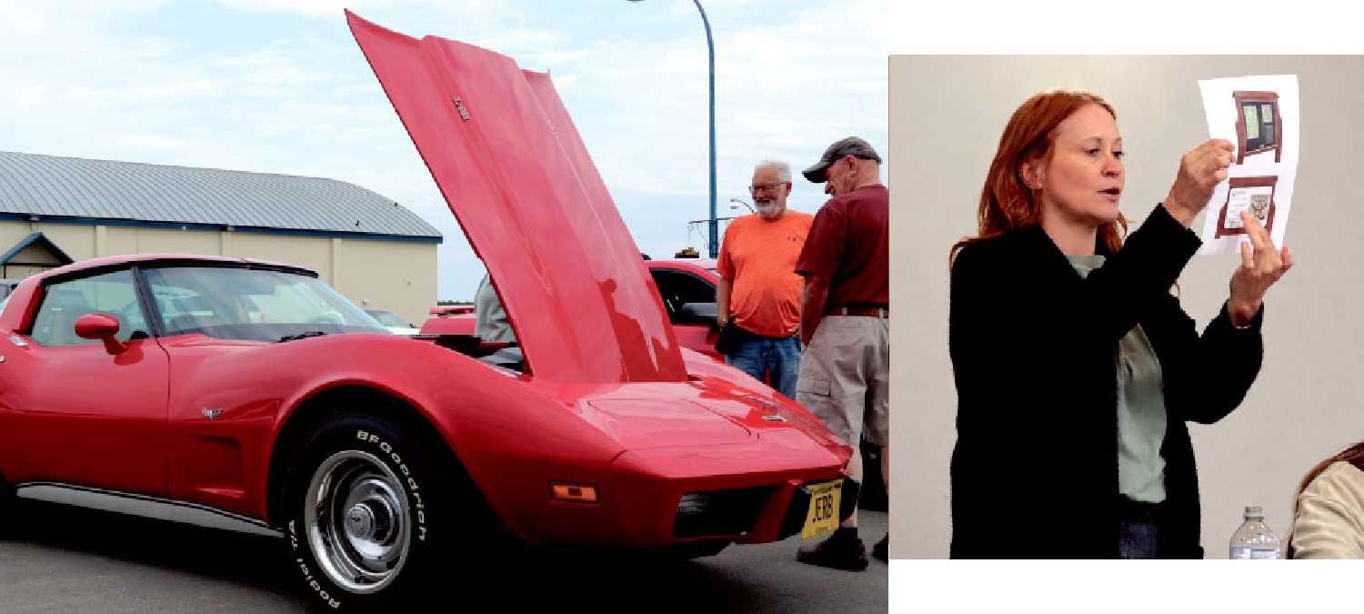 Left: The car show at last year�s Canada Day event in Moosomin. Right: Assistant Rec Director Angela Thorn showing the Chamber what the sponsor board will look like for the new tourist information stop across from The Red Barn.